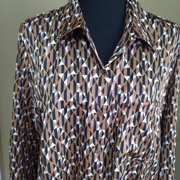 Women's Black & Brown Abstract Long Sleeve Button Down Blouse-Size L - Picture 2 of 9
